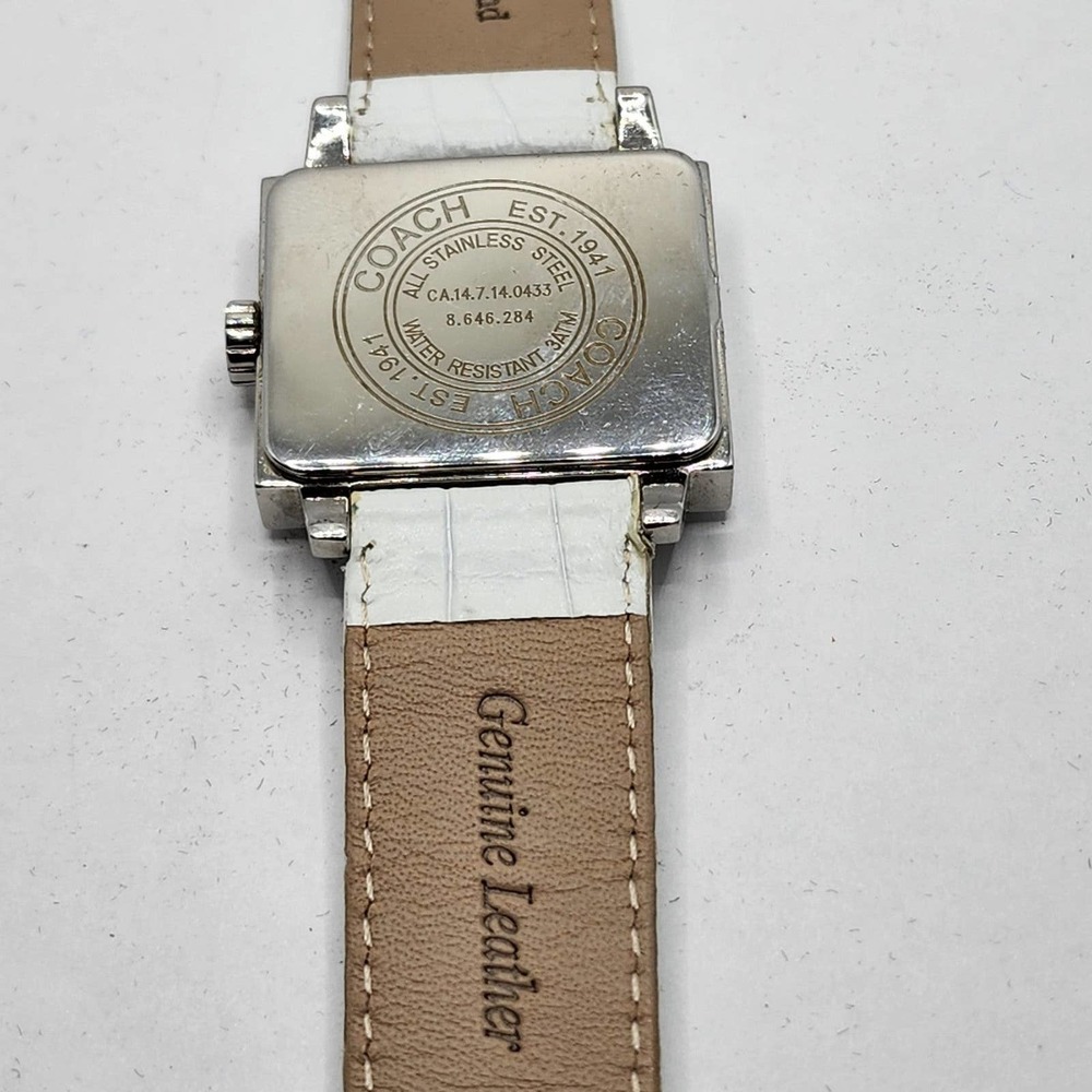 Coach white square rectangle leather watch silver logo motif women's ladies - Picture 3 of 7